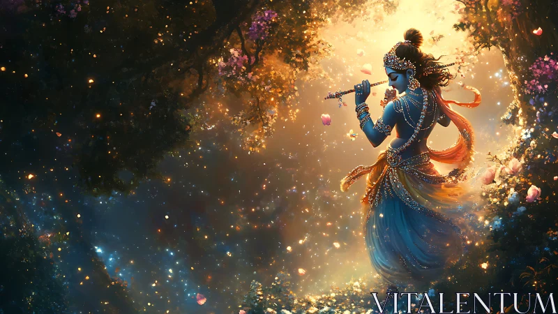 Celestial flute dancer in a starlit blossom forest dreamscape.