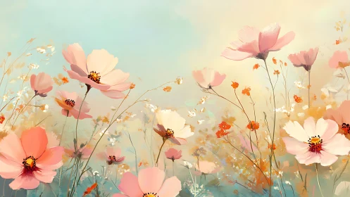 Wildflower Field Composition with Pink and White Blooms