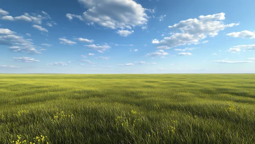 Photorealistic prairie horizon with expansive cloud-strewn sky.