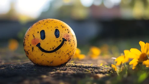 Yellow smiley ball resting on ground with flowers around.