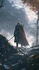 Lone warrior pauses on a misty mountain path in autumn.