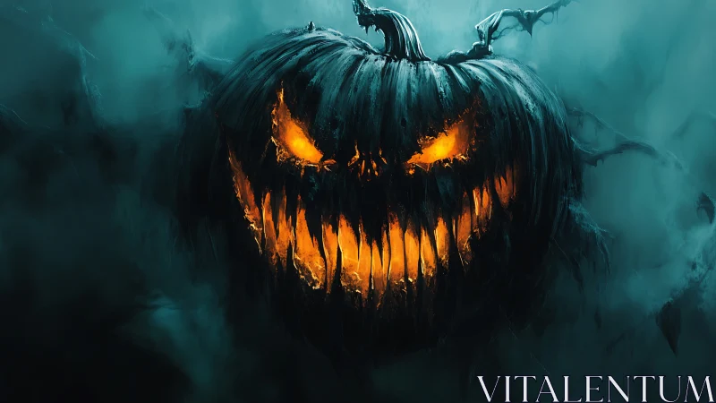 Glowing carved pumpkin face in dark misty atmosphere.