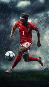 Dynamic football striker charges forward under heavy rain.