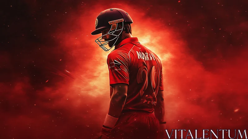 Cricket batsman in red kit stands against fiery red backdrop.