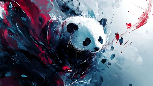 Digital panda portrait amid abstract red and blue storm.