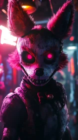 Cyberpunk animatronic fox with glowing pink neon eyes.