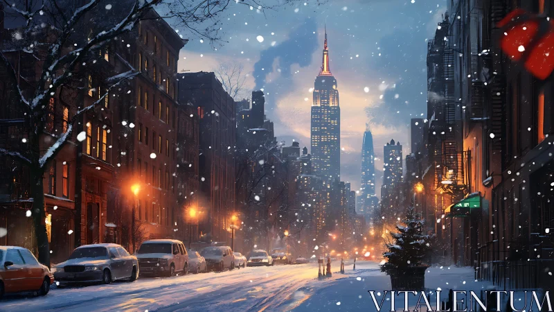 Snowy evening city street with illuminated skyline.