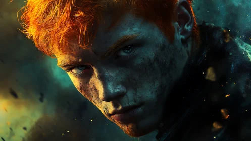 Battle-worn red-haired youth stares forward in harsh light