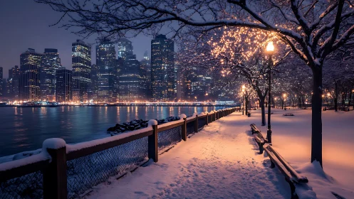 Snow covered riverside walkway faces illuminated city skyline