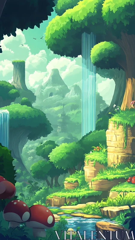 Mystical Forest Canyon with Cascading Waterfalls.