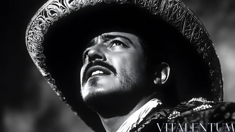 Sombrero of shadows and spotlight dreams in monochrome glow.