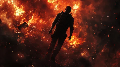 Soldier Running Through Massive Inferno Engulfed in Flames