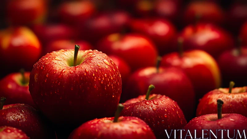 Fresh red apple closeup with water droplets in focus.