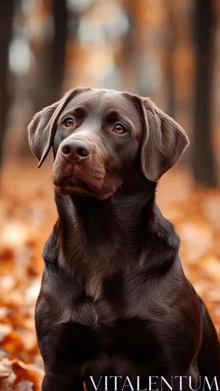Chocolate labrador dog in sharp focus against autumn foliage.