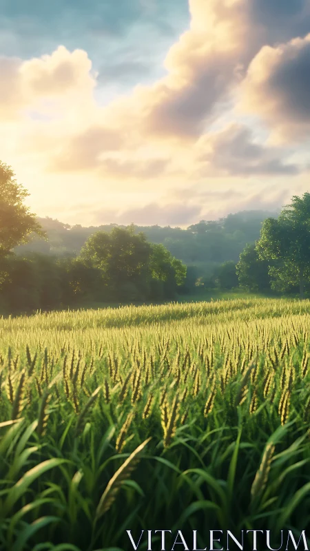 Sunlit wheat field rendered with volumetric clouds and soft bokeh