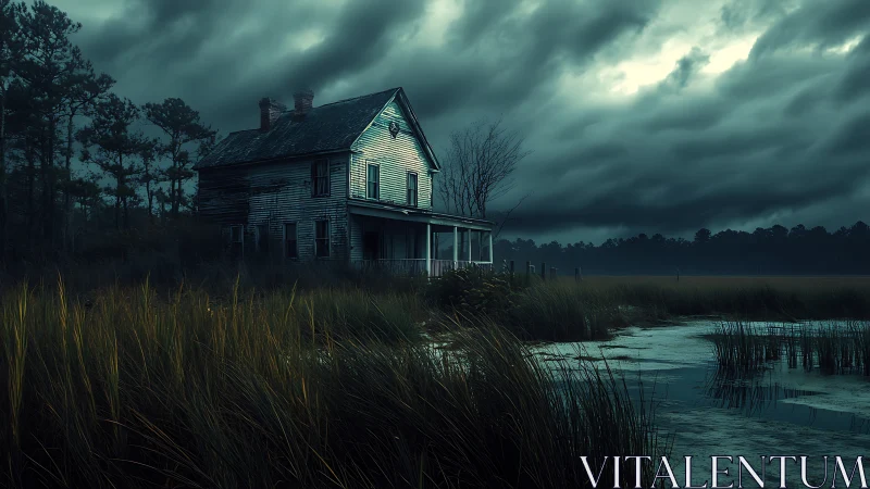 Isolated weathered house by marsh under storm clouds.