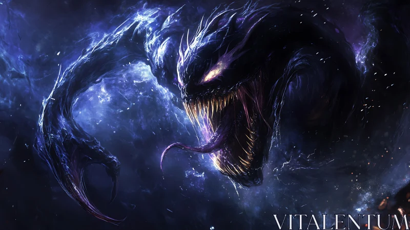 Cosmic void serpent with luminescent fanged maws in nebula