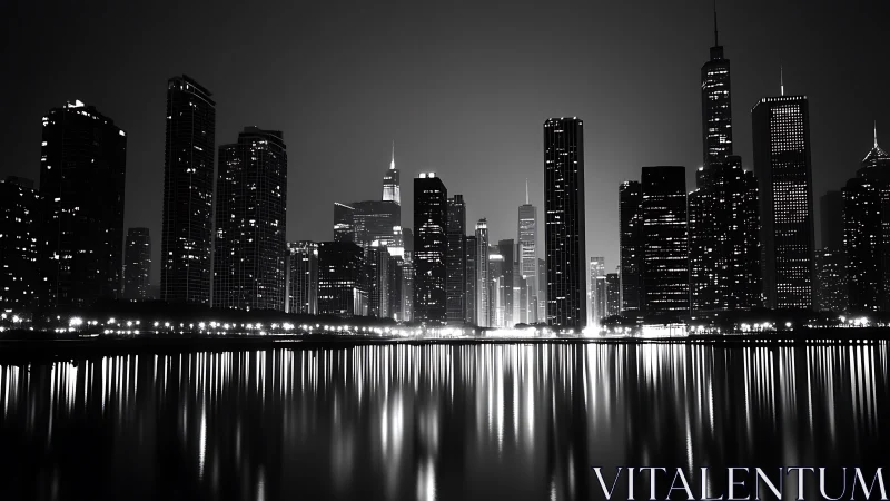 Monochrome waterfront skyline with vertical light reflections.