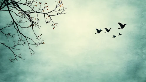 Silhouetted birds flying past bare tree branches in soft pastel sky.