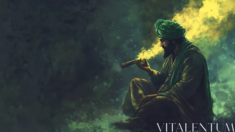 Man in green turban smoking pipe amid yellow glowing smoke.
