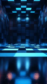 Luminous blue cube corridor with reflective tiled surfaces.