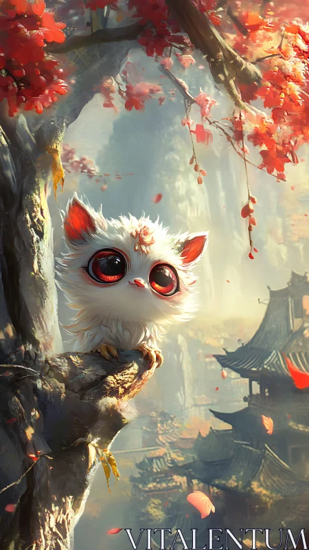 Gentle white forest spirit perched in autumn treetops.