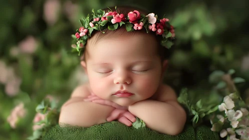 Peaceful newborn baby rests in spring garden surrounded by pink blooming flowers