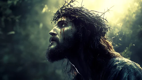 Crowned figure in sorrowful profile under divine backlight.