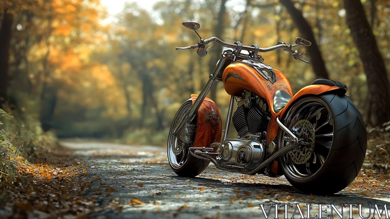 Custom chopper motorcycle on autumn forest roadway, low angle.
