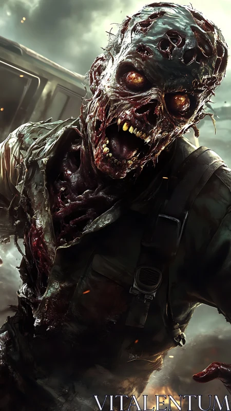 Decomposed humanoid figure with exposed skull and torn uniform.