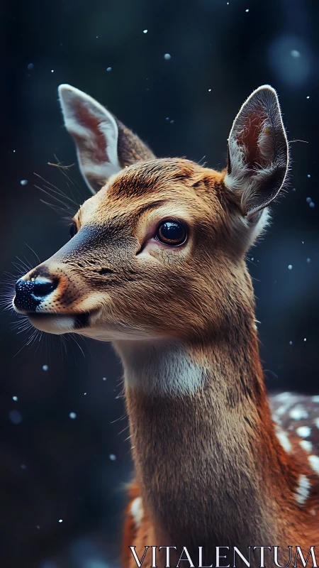 Young deer portrait in gentle snowfall against dark forest.
