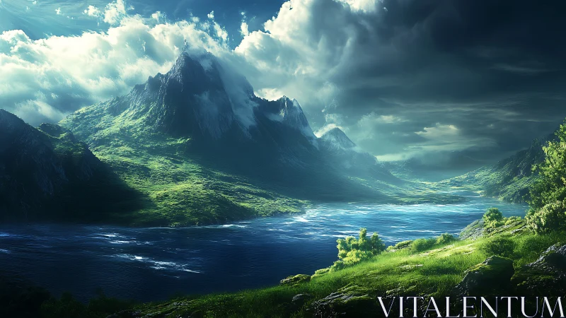 Epic mountain lake under stormlit sky at sunrise.