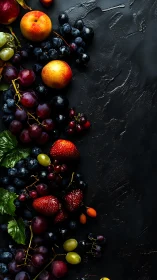 High-contrast assorted berries and stone fruits on dark slate