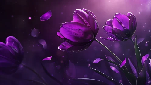 Purple Tulips with Falling Petals in Luminous Glow.