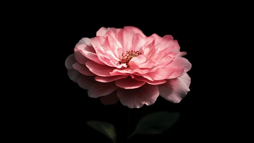 Pink Camellia in Chiaroscuro: Delicate Petals Against Black Background.