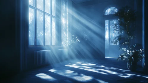Sunlit indoor garden filled with calm morning blue light.