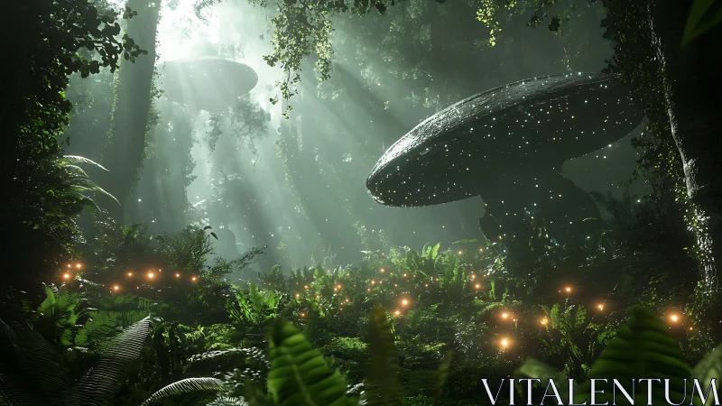 Giant glowing mushrooms in dense misty forest clearing.