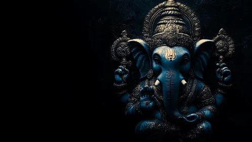Lord Ganesha glows in intricate blue relief against darkness.