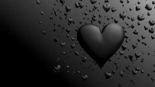 Black Heart Shape with Scattered Smaller Hearts on Dark Background