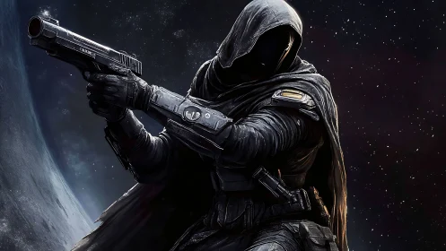 Hooded armored gunman is posed in space with drawn pistol