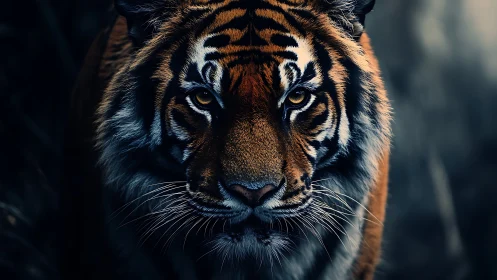 Low-key frontal tiger portrait emphasizes contrast and micro-detail