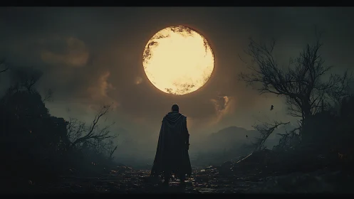 Lone wanderer beneath a blazing moonlit wasteland sky.