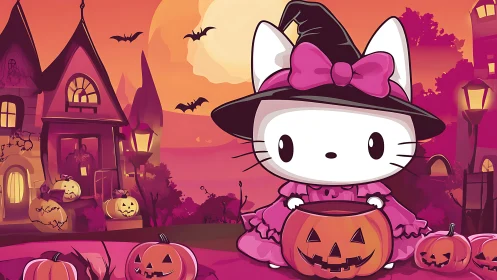 Feline witch character in stylized sunset Halloween landscape.