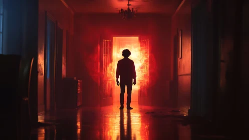 Silhouetted figure in hallway before red luminous doorway.