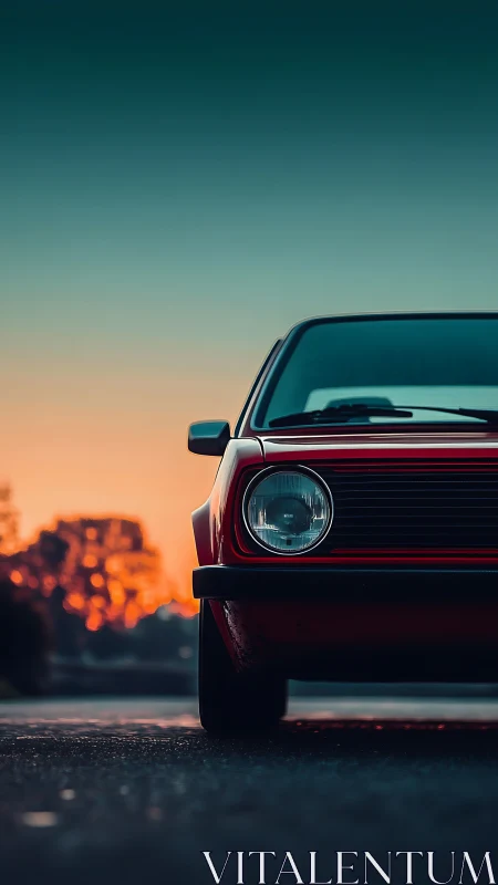 Vintage red coupe isolated against gradient sunset sky.