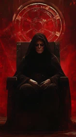 Dark hooded ruler seated on throne before red emblem.