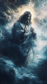 Gentle holy figure emerges softly from swirling silver clouds