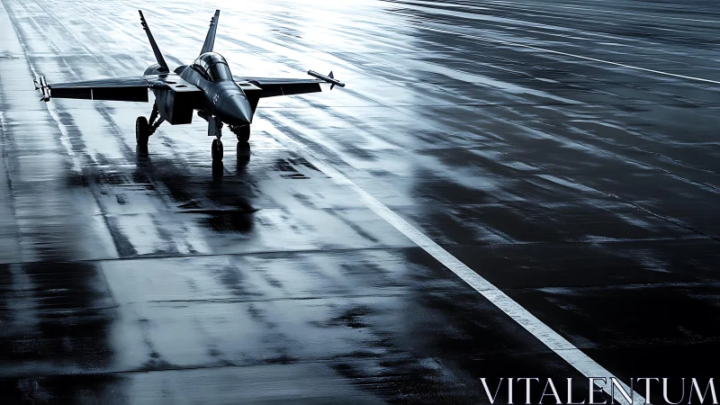 Solitary fighter jet on rain-soaked runway in cold light.