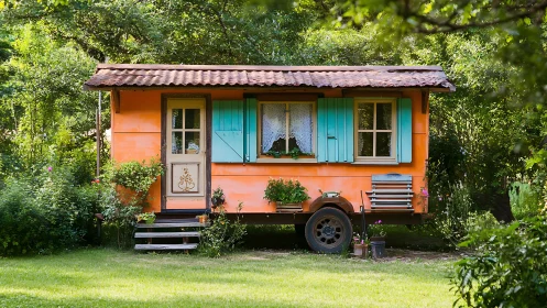 Charming orange tiny house nestles cozily in a lush garden