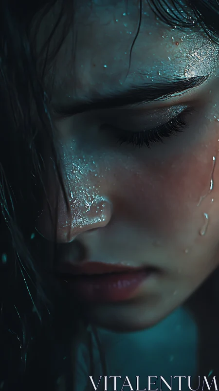 Moody wet portrait with cinematic teal low key lighting.